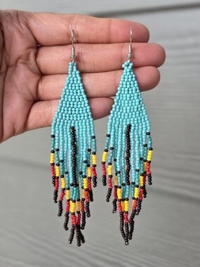 Blue Lagoon Boho Fringe Beaded Earrings Southwestern Boheme